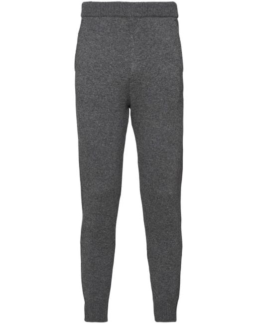Prada Gray Logo-Embroidered Cashmere Trousers for men