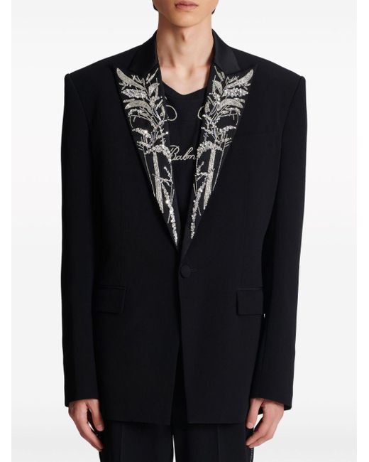 Balmain Black Bamboo-Embroidered Single-Breasted Blazer for men