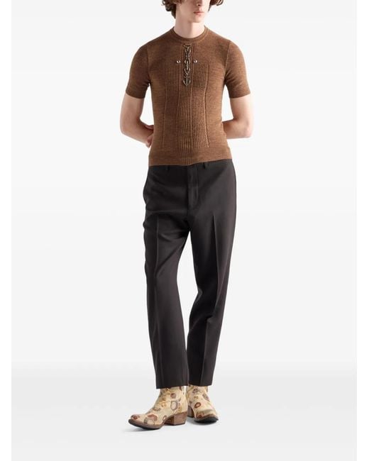 Prada Brown Wool Crew-Neck Sweater With Studs, Rust for men