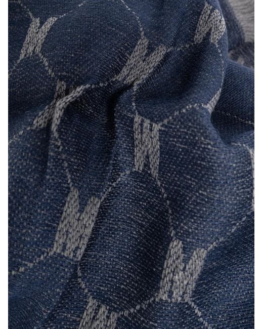 Moschino Blue Monogram-Print Frayed Scarf