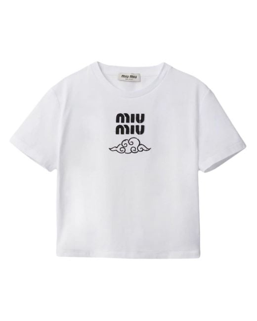 Miu Miu T-shirt Met Geborduurd Logo in het White
