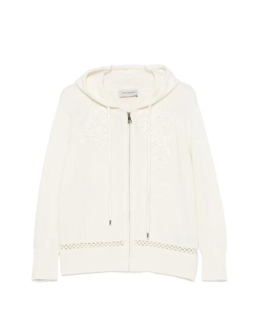 ERMANNO FIRENZE White Floral-Embroidered Open-Knit Hoodie