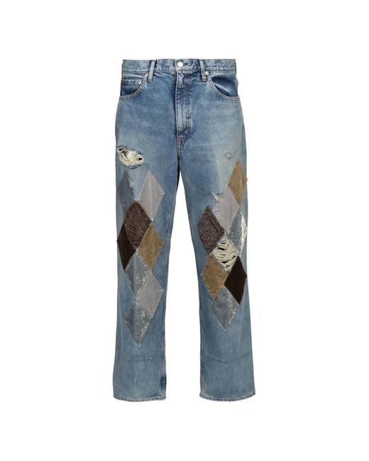 MASU Blue Mb Diamond Argyle-Patchwork Distressed Jeans for men