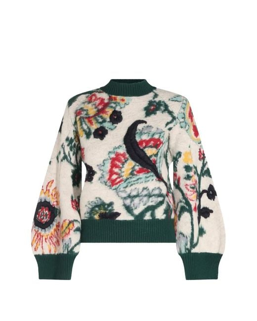 Sacai Green Floral-Intarsia Wool Sweater