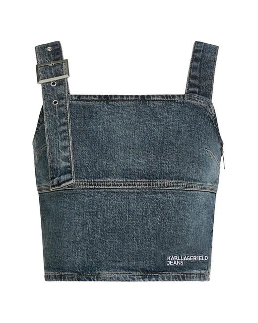 Karl Lagerfeld Blue Buckle-Detail Denim Crop Top
