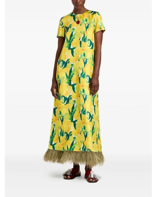 LaDoubleJ Yellow Swing Floral-Print Feather-Hem Maxi Dress