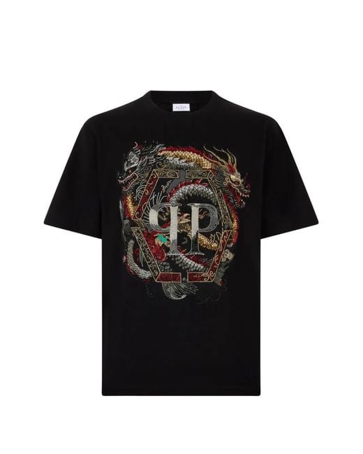 Philipp Plein Black Round Neck T-Shirt Dragon for men
