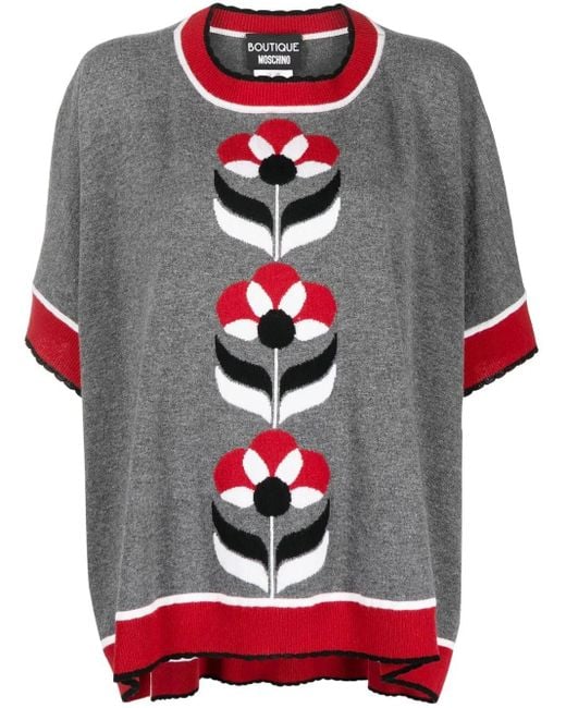Boutique Moschino Gray Intarsia-Knit Floral Poncho Top