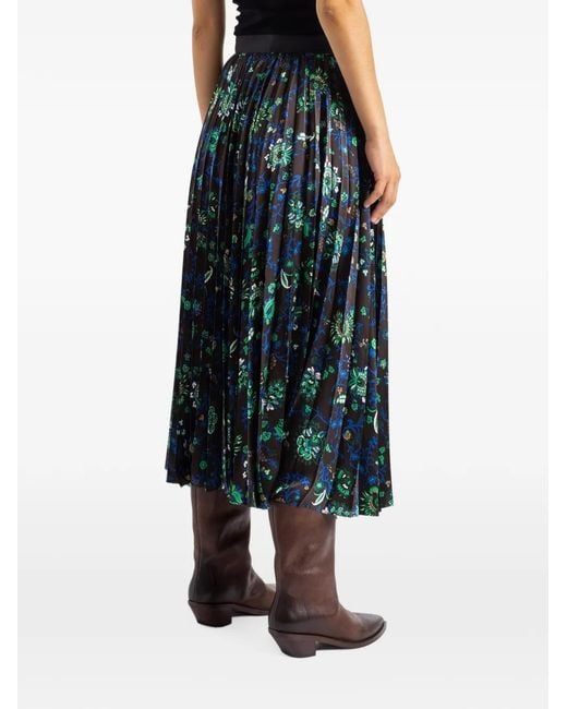 Sacai Blue Floral-Print Pleated Midi Skirt