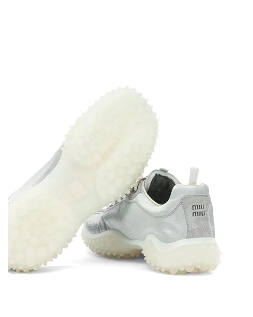 Miu Miu White Bubble Technical Fabric And Suede Sneakers