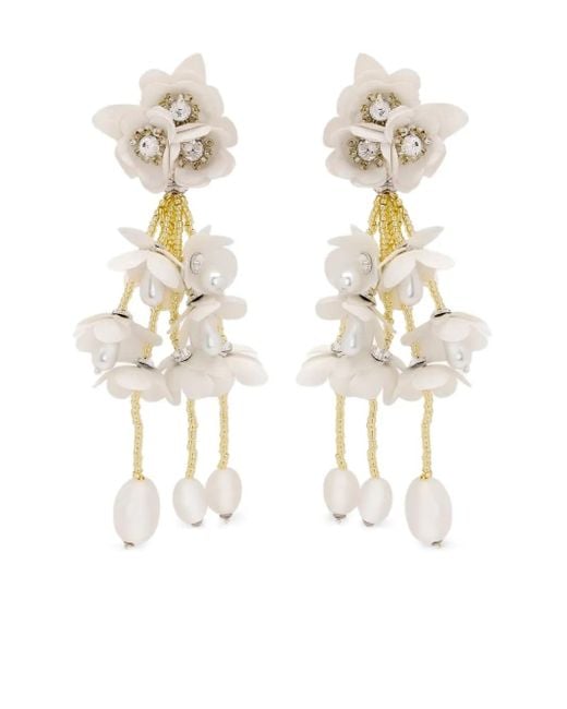 Oscar de la Renta White Beaded Flower Clip-On Earrings