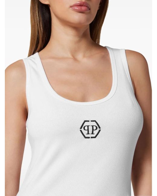 Philipp Plein White Logo-Embroidered Ribbed Tank Top