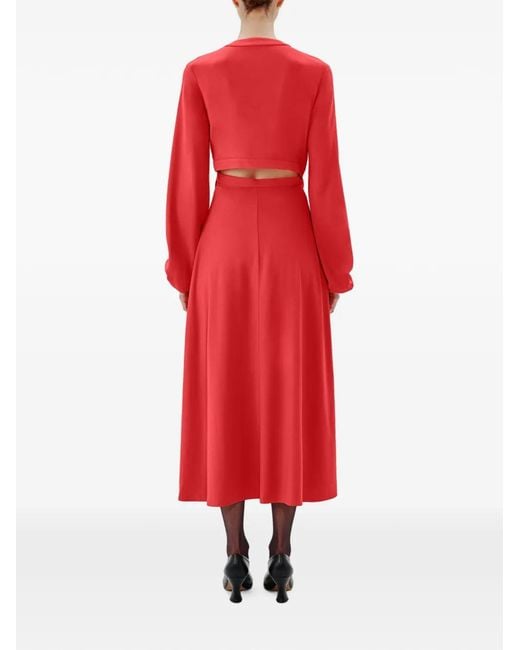 Another Tomorrow Red Cut-Out Lantern-Sleeve Wrap Dress