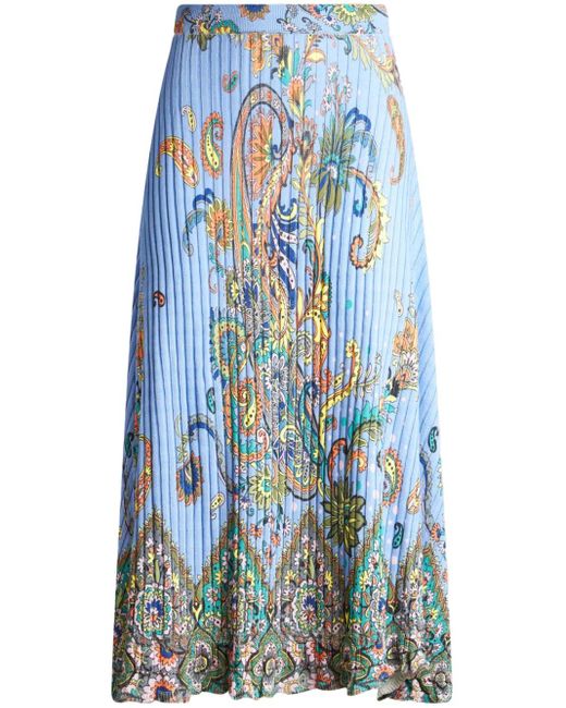 Etro Blue Blumiges paisley plissiertes midi-rock