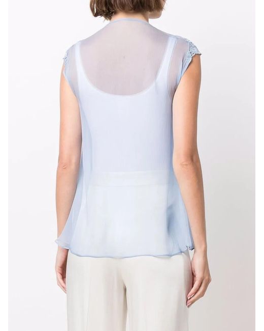 Alberta Ferretti Blue Lace-Embellished Silk Top