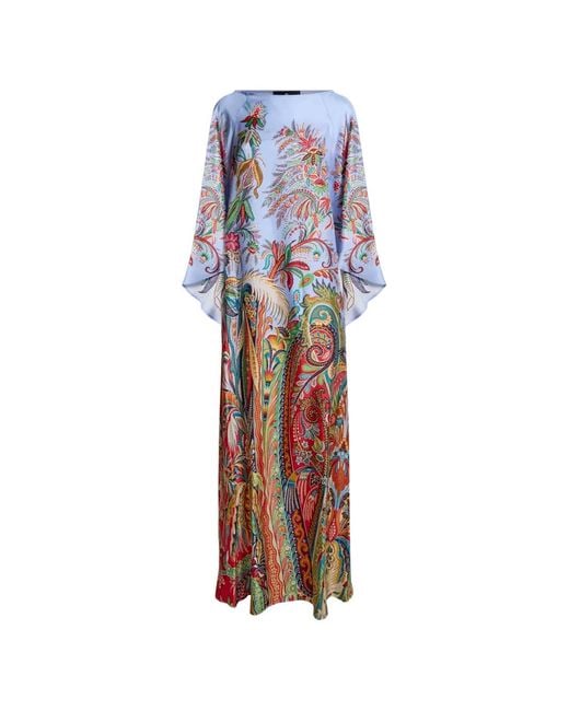 Etro White Long Twill Dress Whith Placed Paisley Foliage Print
