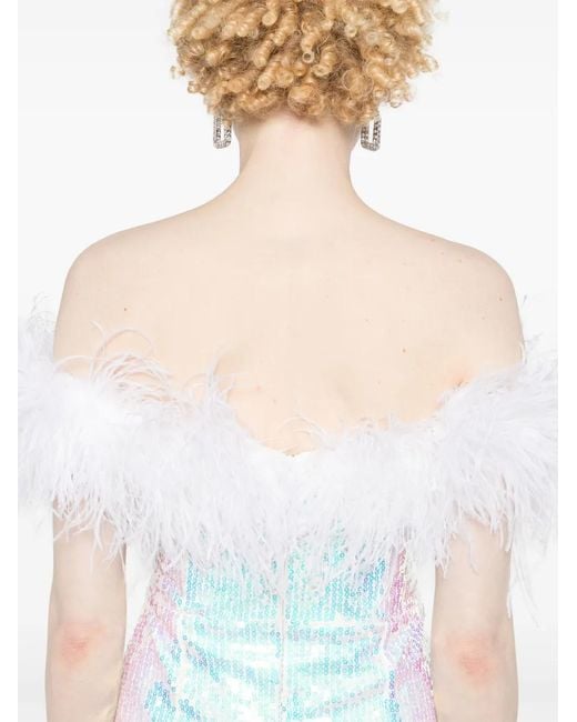 Nissa Blue Feather-Trim Sequin-Design Dress