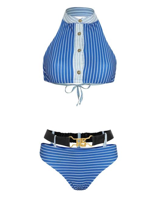 Amir Slama Blue Striped Button-Detail Bikini