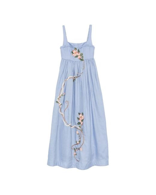 Agua Bendita Blue Robe Longue Barbara À Fleurs Brodées En Lin