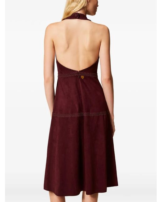 Twinset Purple Midi Suede Dress With Embroidery