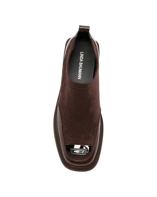 Linda Baumann Brown Suede Metal-Deatil Derby Shoes