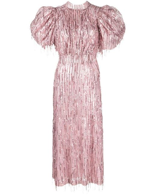 ROTATE BIRGER CHRISTENSEN Puff-sleeve Sequin Fringed Dress in Pink ...