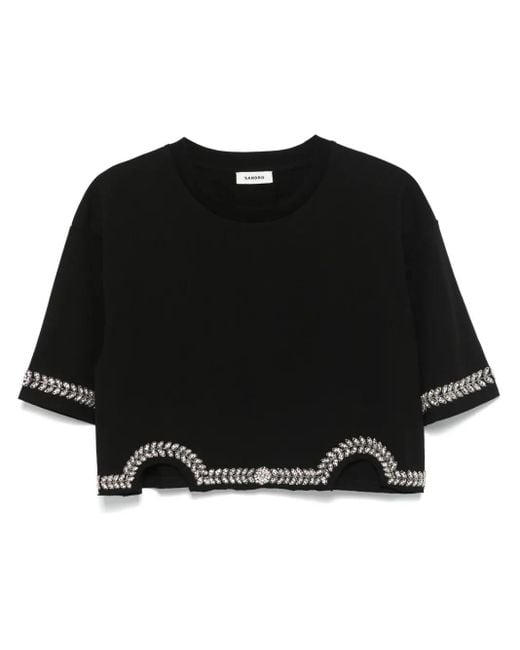 Sandro Black Cotton Embellished Cropped T-Shirt