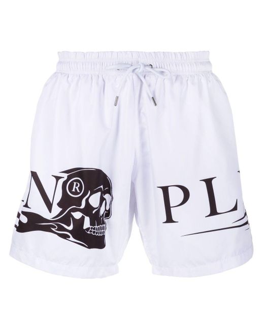 Philipp Plein White Skull-print Swim Shorts for men