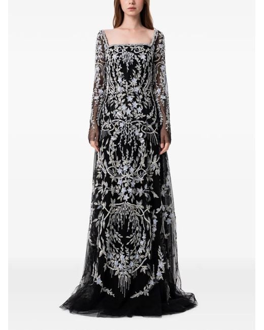 Dina Melwani Black Filigree-Embellished Tulle Maxi Dress