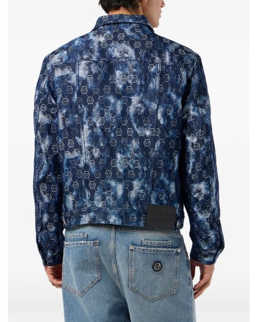 Philipp Plein Blue Denim Trucker Jacket Jacquard Monogram for men