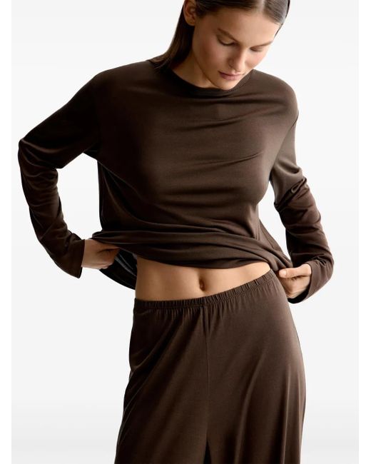 12 STOREEZ Brown Long-Sleeve Silk T-Shirt