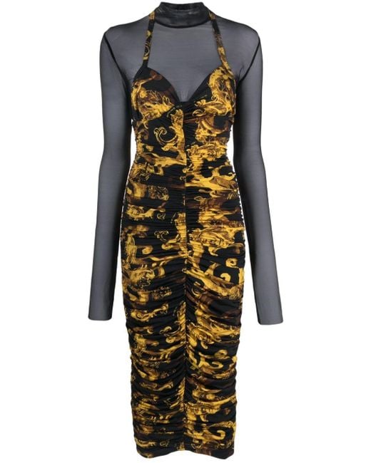 Versace Black Barocco-print Ruched Midi Dress