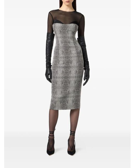 Elisabetta Franchi Gray Python-Print Mesh-Insert Midi Dress