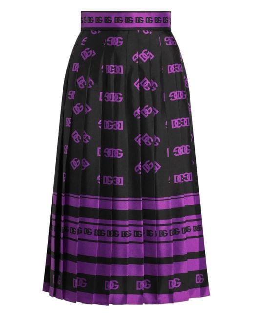 Dolce & Gabbana Purple Dg Logo- Long Pleated Silk Skirt