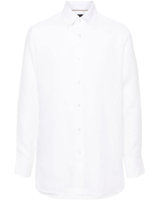 Boss White Buttoned-collar Linen Shirt for men