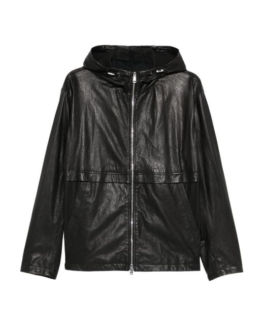 Tagliatore Black Hooded Zip-Up Leather Jacket for men