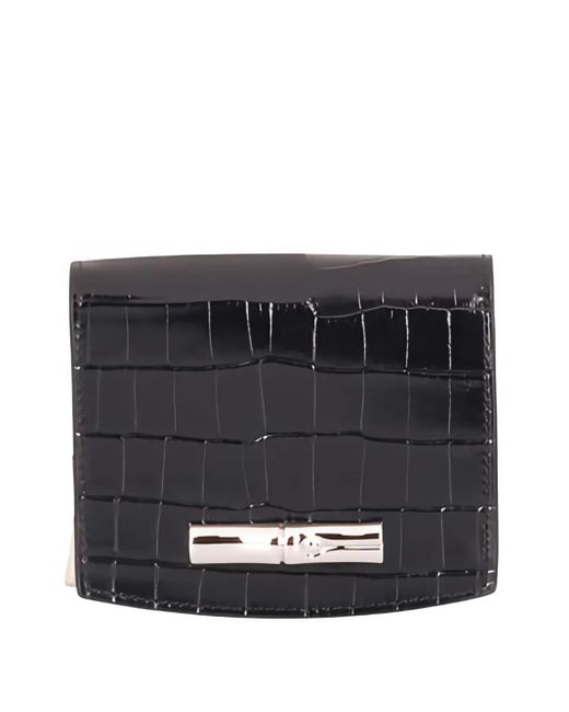 Longchamp Black Crocodile-Embossed Clasp Wallet