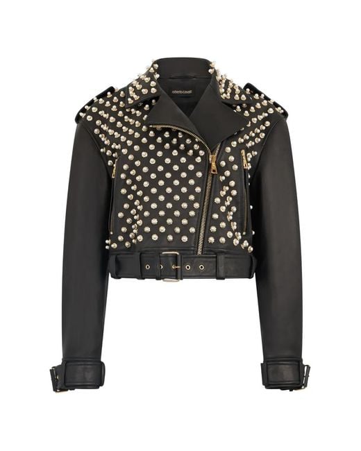 Roberto Cavalli Black Studded Belted Leather Jacket