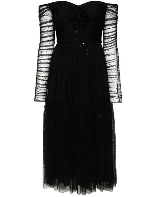 Nissa Black Sequin Embellished-Tulle Midi Dress