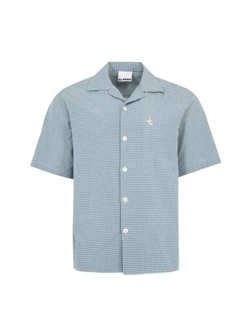 le PERE Blue Gingham-Check Camp-Collar Shirt for men