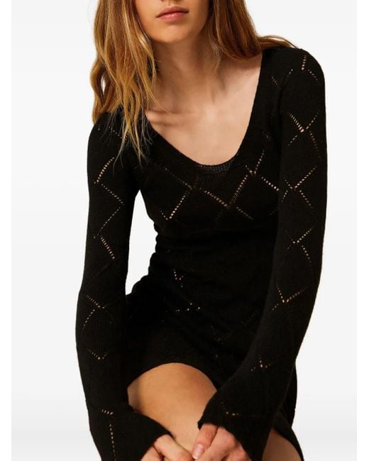 Twinset Black Diamond-Pattern Long-Sleeve Mini Dress