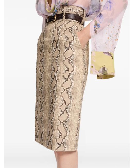 Elie Saab Natural Python-Print Belt-Loops Midi Skirt