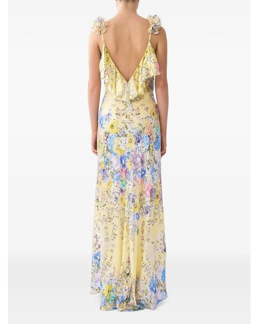 Camilla Metallic Robe Longue Col-V À Fleurs