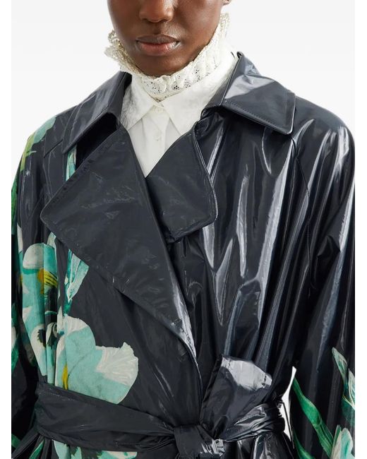 Erdem Green Floral-Print Coated Trench Coat