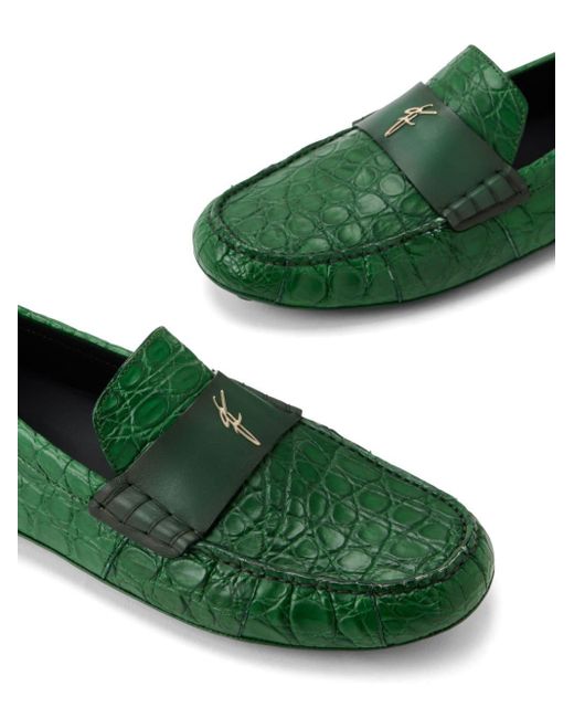 Ferragamo Green Embossed Crocodile Effect Leather Loafers for men