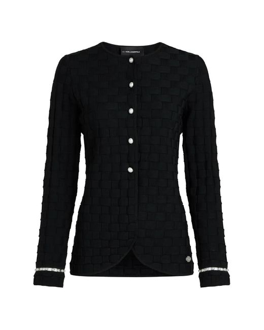 Karl Lagerfeld Black Pearl-Embellished Basket-Weave Cardigan