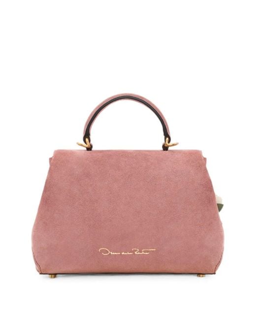 Oscar de la Renta Pink Mini Poppy Floral-Appliqué Suede Tote Bag