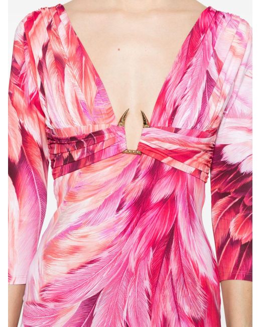 Vestido estampado de plumas con escote en v Roberto Cavalli de color Pink