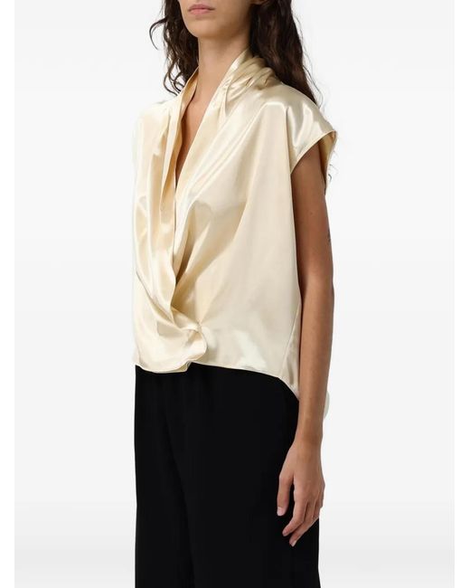 Alberta Ferretti Natural Satin-Finish Draped Blouse