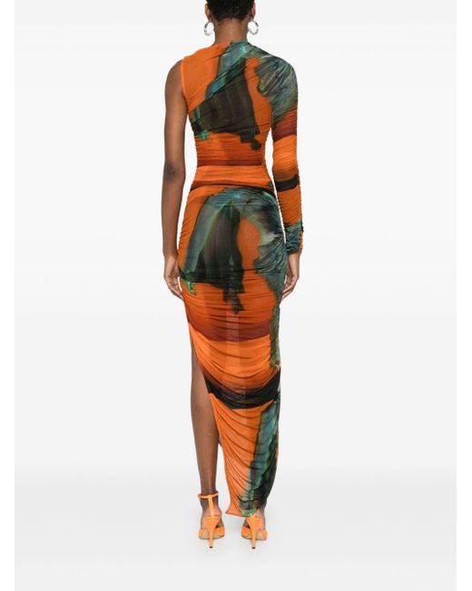 Mugler Orange Asymmetric Mesh Print Dress